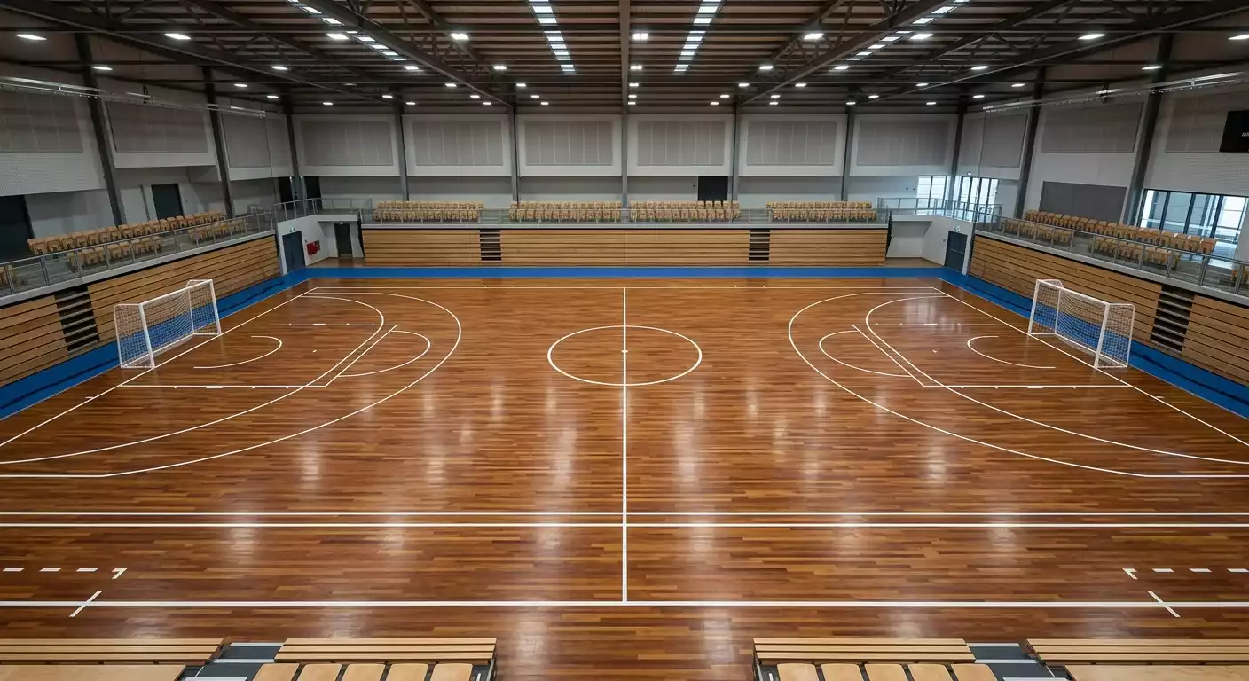 Pista de fútbol sala con líneas de juego marcadas en el suelo de parquet de un pabellón deportivo