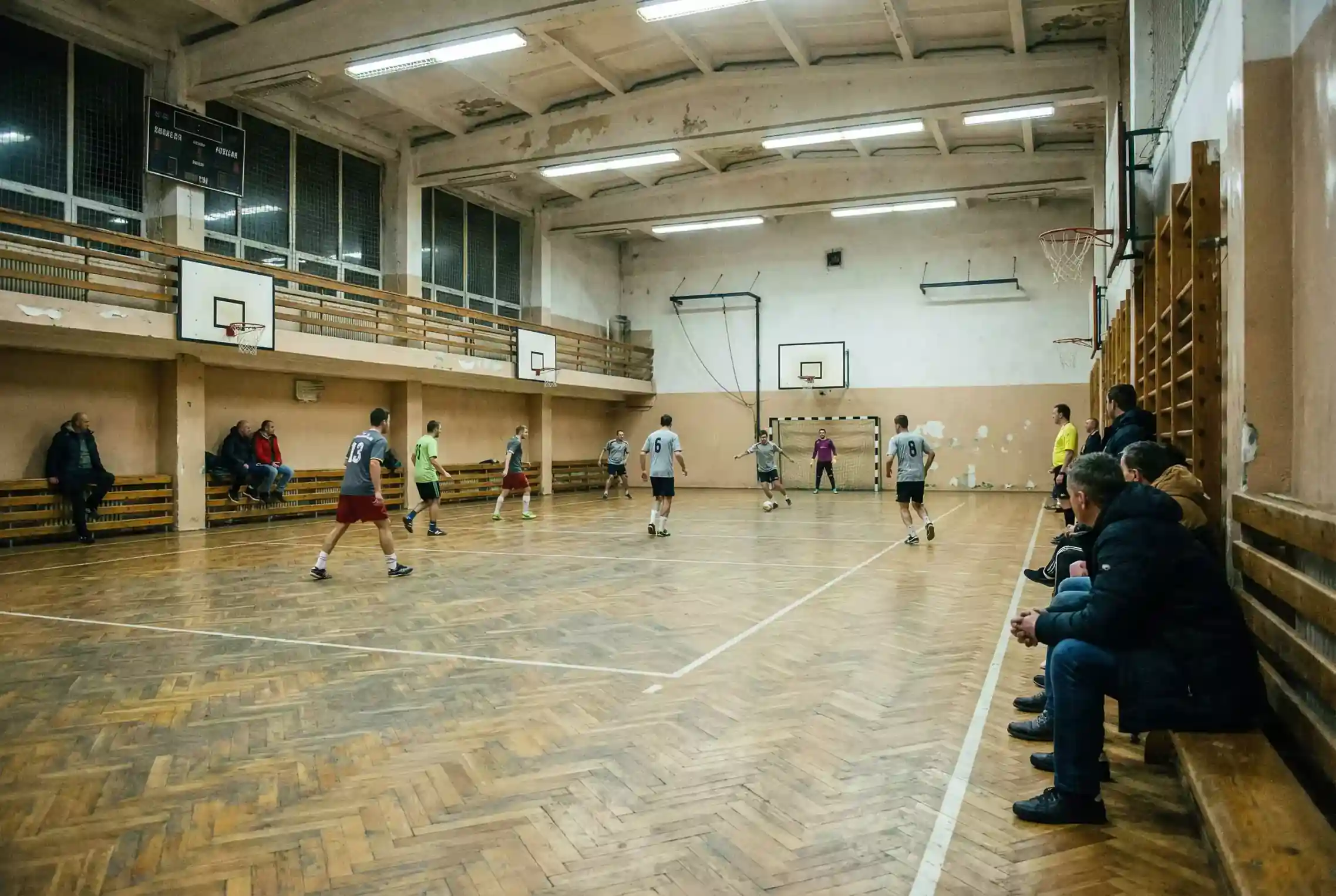 Partido de fútbol sala en un pabellón municipal con gradas pequeñas y jugadores en acción